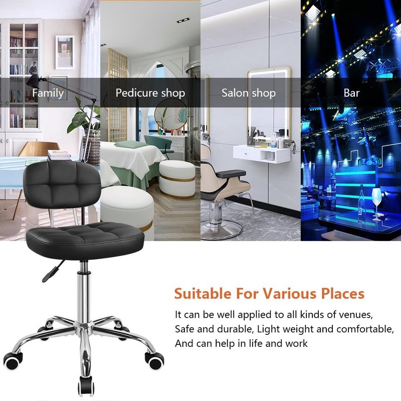 Black Home Office Chair Leather Rolling Stool with Swivel Wheels with Backres... gallery