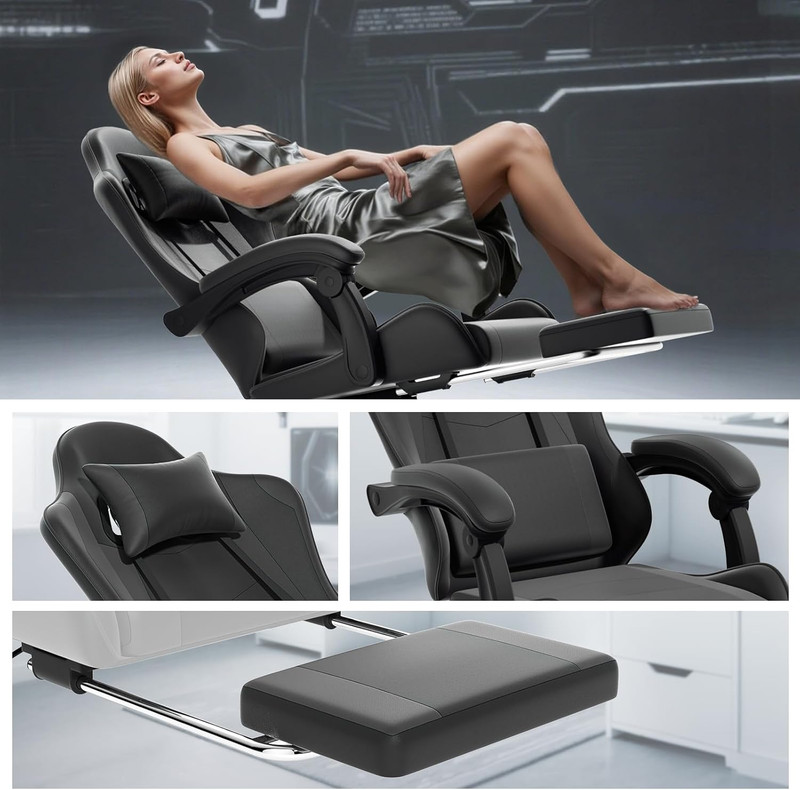 Ergonomic Gaming Chair with Footrest & Lumbar Support - Carbon Fiber Black gallery
