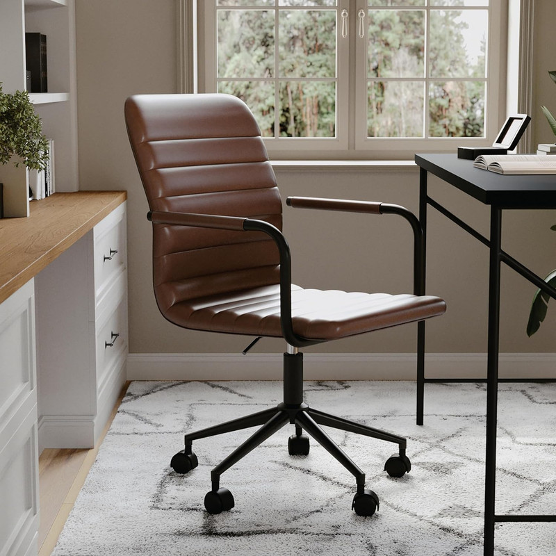 Saddle Brown Faux Leather Swivel Task Chair with Armrests and Bronze Frame gallery