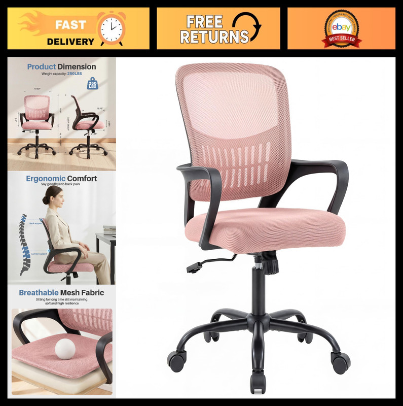 Ergonomic Mid Back Mesh Office Chair with Lumbar Support, Adjustable Height, Roc