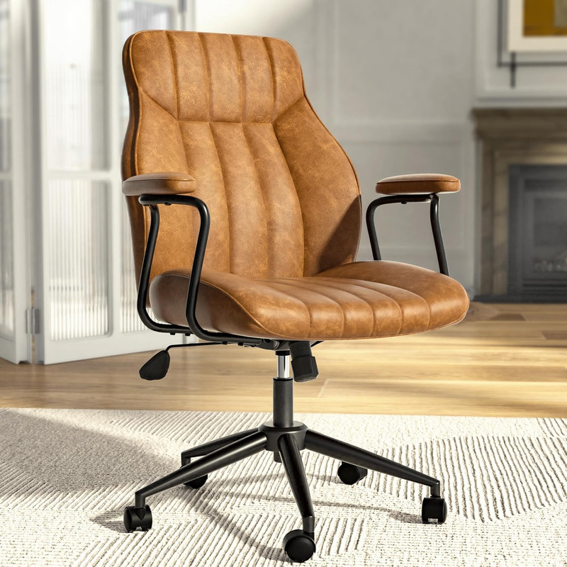 Brown Leather Office Desk Chair with Wheels and Arms, Height Adjustable, Vintage