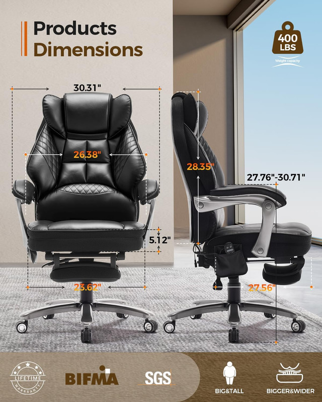 600LBS Big and Tall Office Chair with Massage and Heat, 23.5" Wide Leather Offic gallery