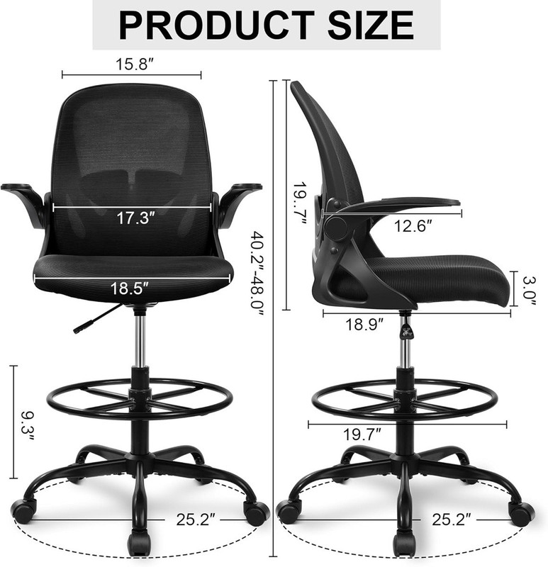 Primy PR-934Z Office Drafting Chair Tall Office Chair with Flip-up Armrest,BLAC
