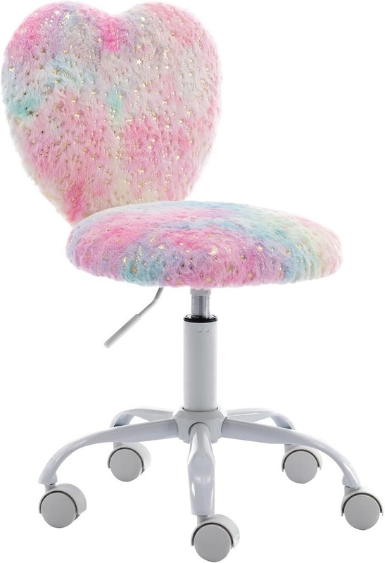 Faux Fur Swivel Vanity Chair Cute Heart Girls Desk Chair Rolling Computer Chair