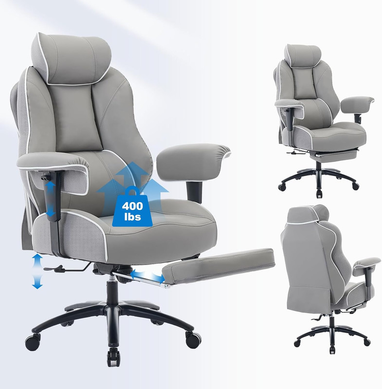 Comfortable Big & Tall Office Chair with Foot Rest - PU Gray gallery