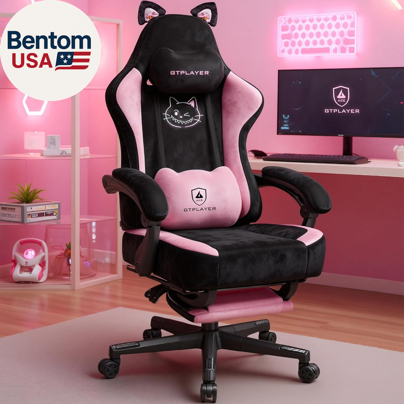 Pink Gaming Chair Cute with Cat Ears Ergonomic Computer Chair with Cat Embroider gallery