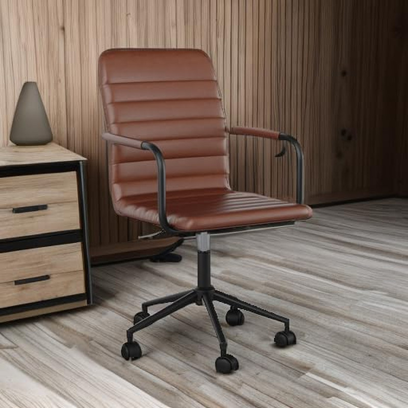 Saddle Brown Faux Leather Swivel Task Chair with Armrests and Bronze Frame gallery