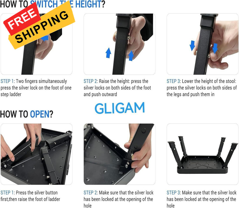 Step Stool, Adjustable Folding Stools for 15" WX 10.4" DX 6.7H, Black gallery