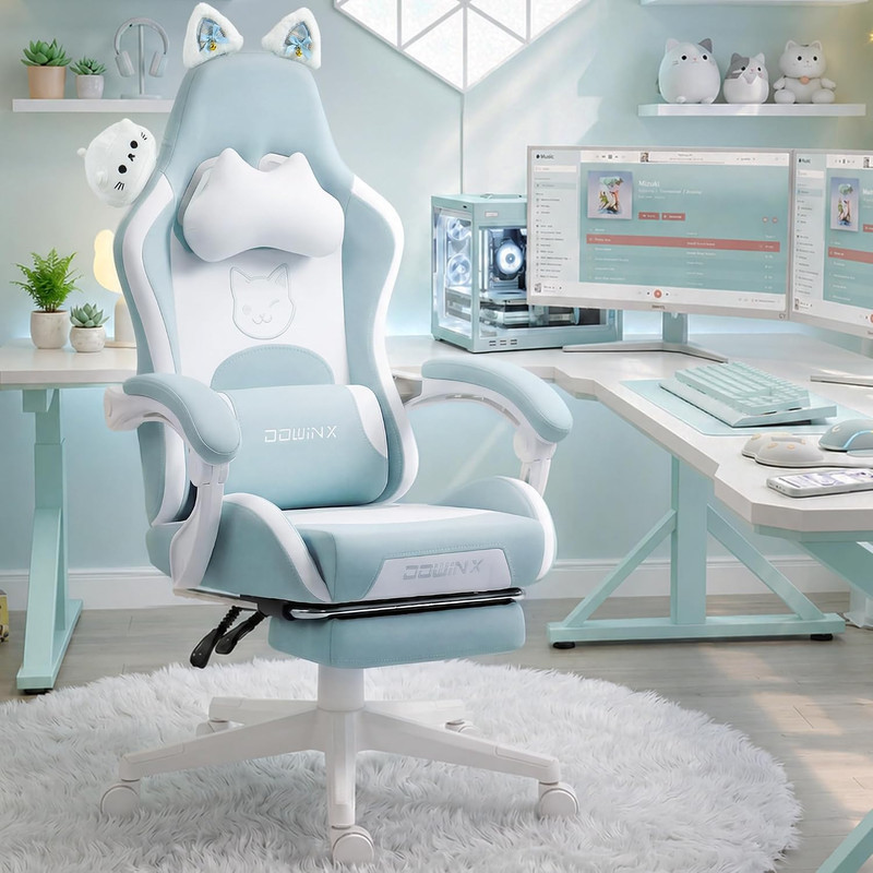 Dowinx Gaming Chair with Cat Ears and Massage Lumbar Support, Ergonomic Computer