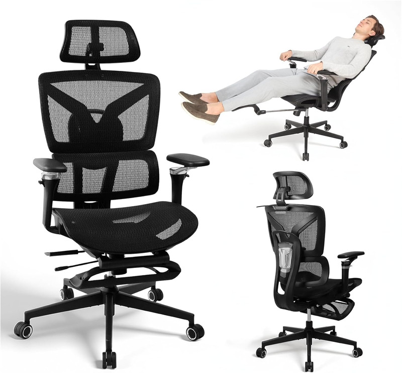 Ergonomic Office Chair with Footrest, 5D Adjustable Armrests, Lumbar Support, Bi