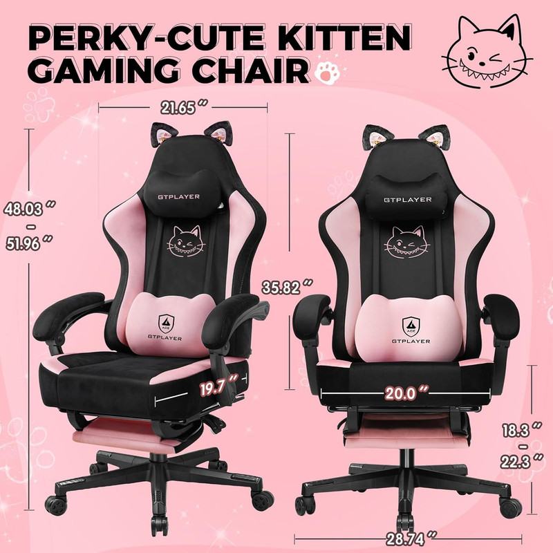 Pink Gaming Chair Cute with Cat Ears Ergonomic Computer Chair with Cat Embroider gallery