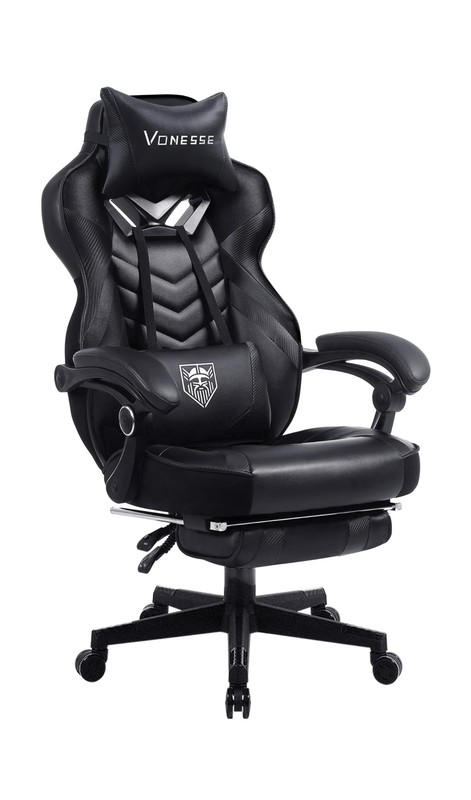 Black Gaming Chair w/ Footrest and Massage + Lumbar Support and High Back
