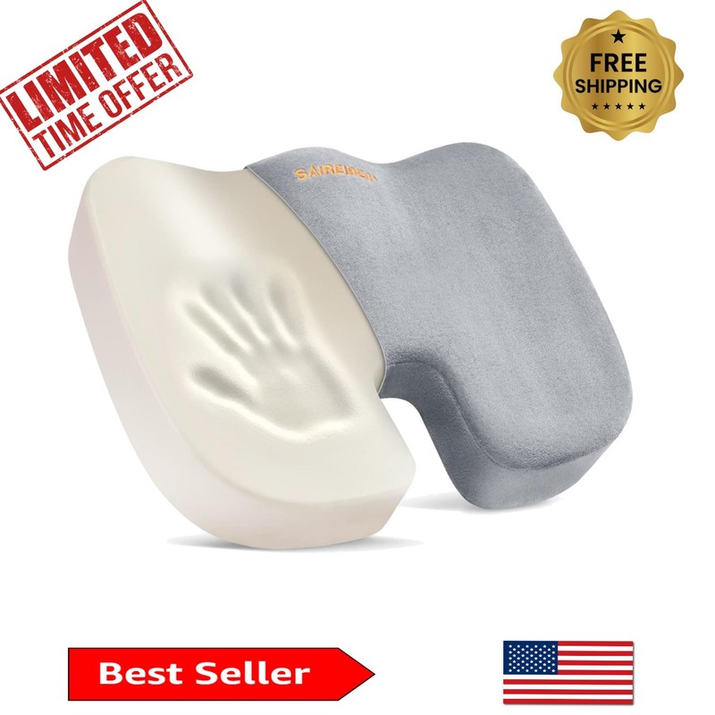 Ergonomic Memory Foam Seat Cushion for Tailbone Pain Relief – Grey 14″x14″