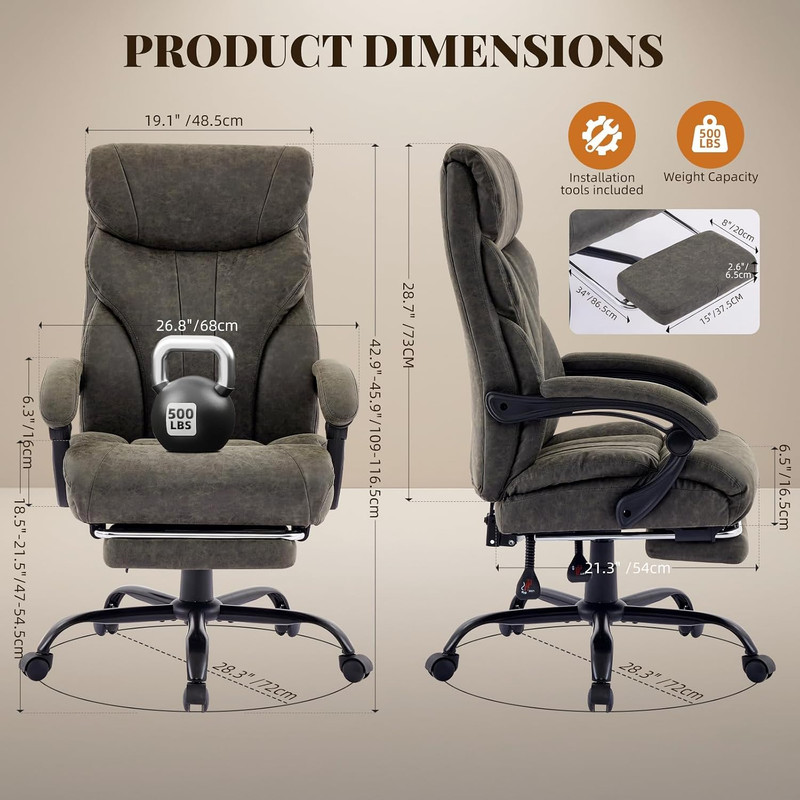 Big & Tall Office Chair 500 LBS, Adjustable Recline & Armrests, Gray gallery