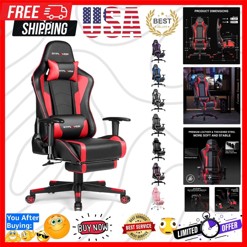 Gaming Chair with Footrest Speakers Video Game Chair Bluetooth Music Heavy Du...