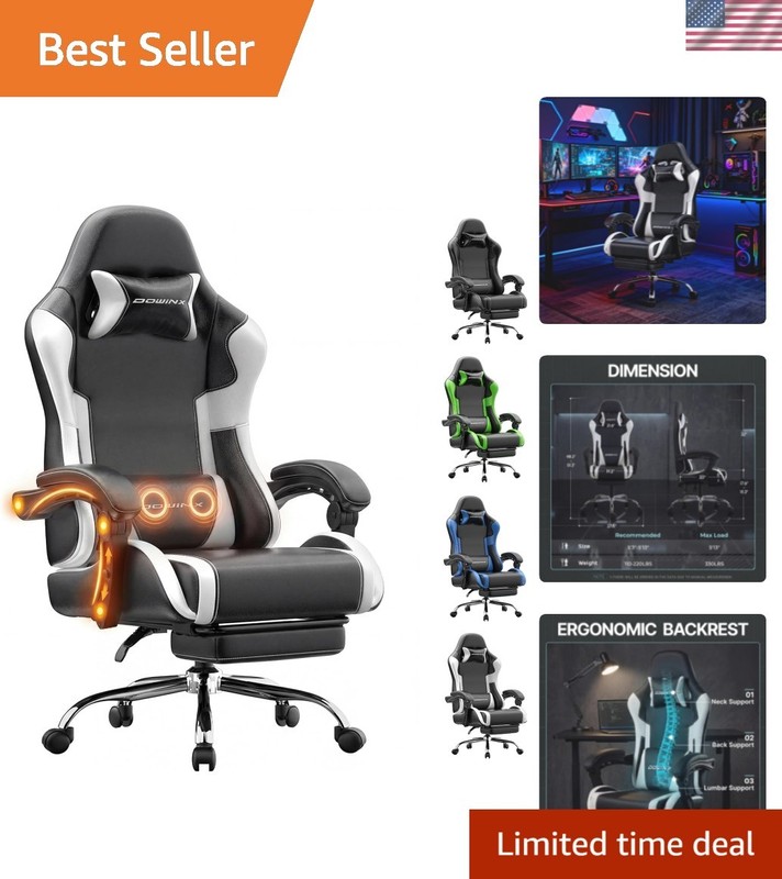Gaming Chair Ergonomic, Massage Lumbar Support, Footrest, Adjustable Height &...