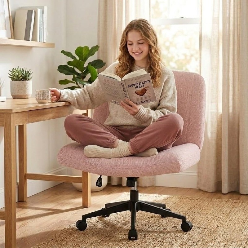 Criss Cross Chair with Wheels Wide Cross Legged Cute Office Desk Comfy Vanity...