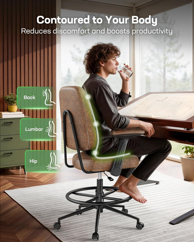 Drafting Chair with Flip-Up Armrests and Footrest, Ergonomic Tall Office Chair, gallery