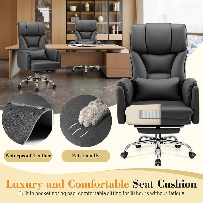 Big & Tall Office Chair, 400LBS, Leather, Reclining, w/ Footrest, Black gallery