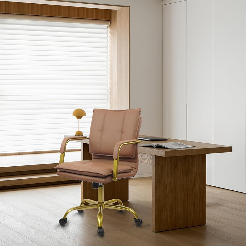 Leather Home Office Desk Chairs, Swivel Mid-Back Computer Chair with Golden Legs gallery