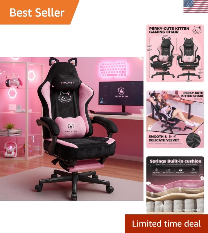 Pink Gaming Chair Cute with Cat Ears Ergonomic Computer Chair with Cat Embroi...