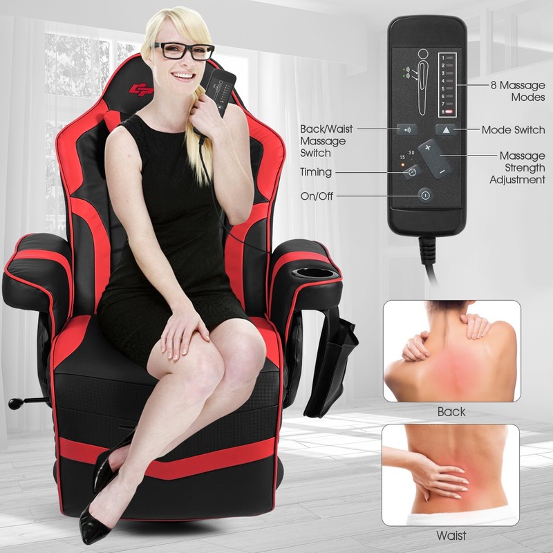 Massage Gaming Recliner Reclining Home Chair Swivel w/Cup Holder & Pillow Red gallery