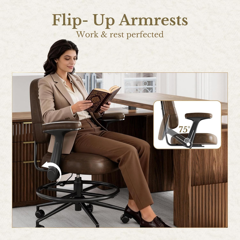 Drafting Executive Chair, Tall Office Chair with Padded Flip-Up Armrests, Mid-Ba gallery