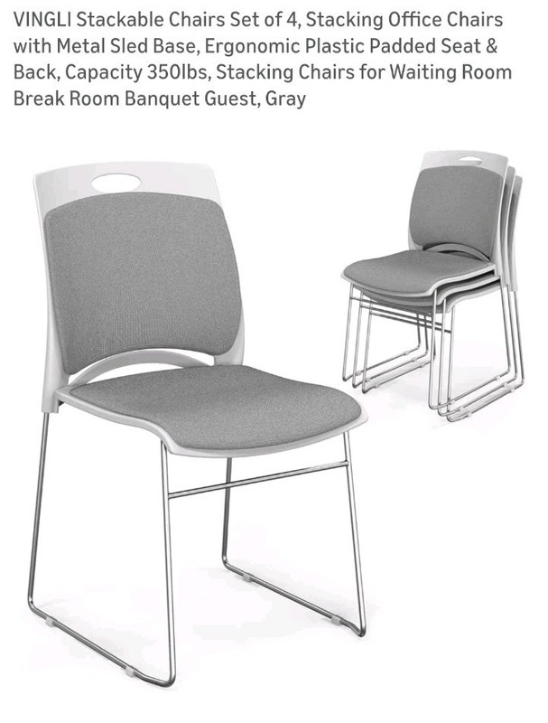 VINGLI Stackable Office Chairs Set of 4, Metal Sled Base, Ergonomic Padded Gray