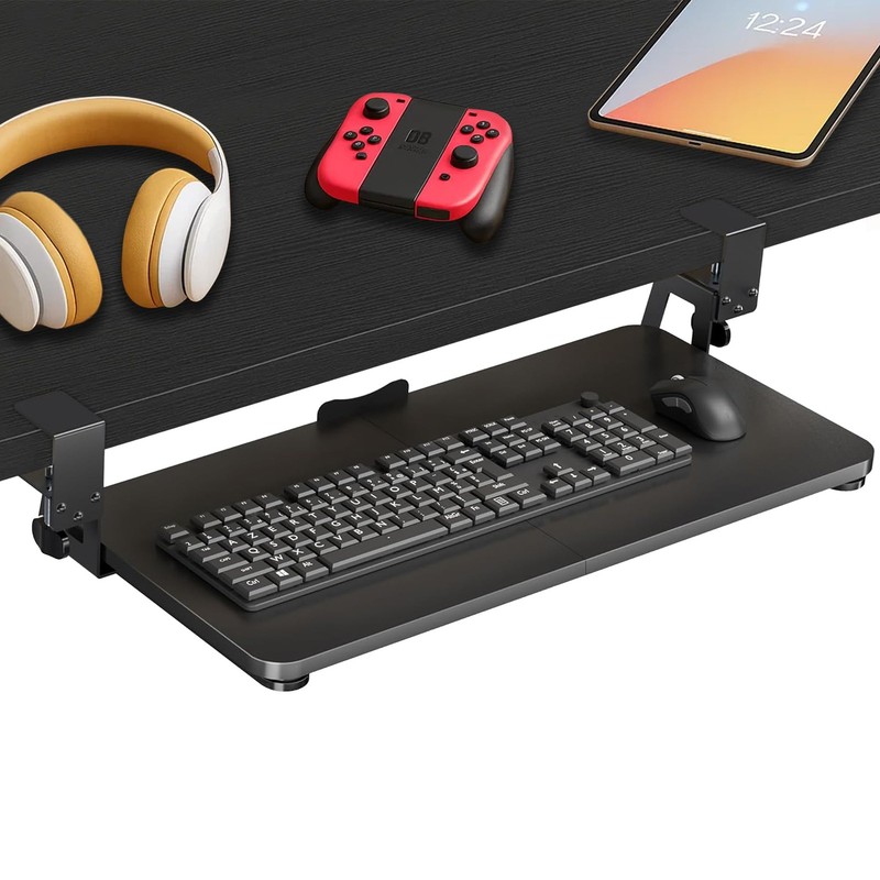 Under Desk Keyboard Tray Slide Out, 25 x 9.8 Inch Clamp-On Pull Out Drawer wi…