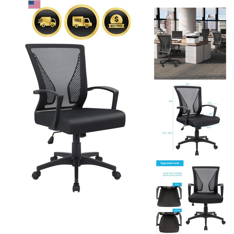 Office Chair Ergonomic Mesh Swivel Lumbar Support with Armrest Black