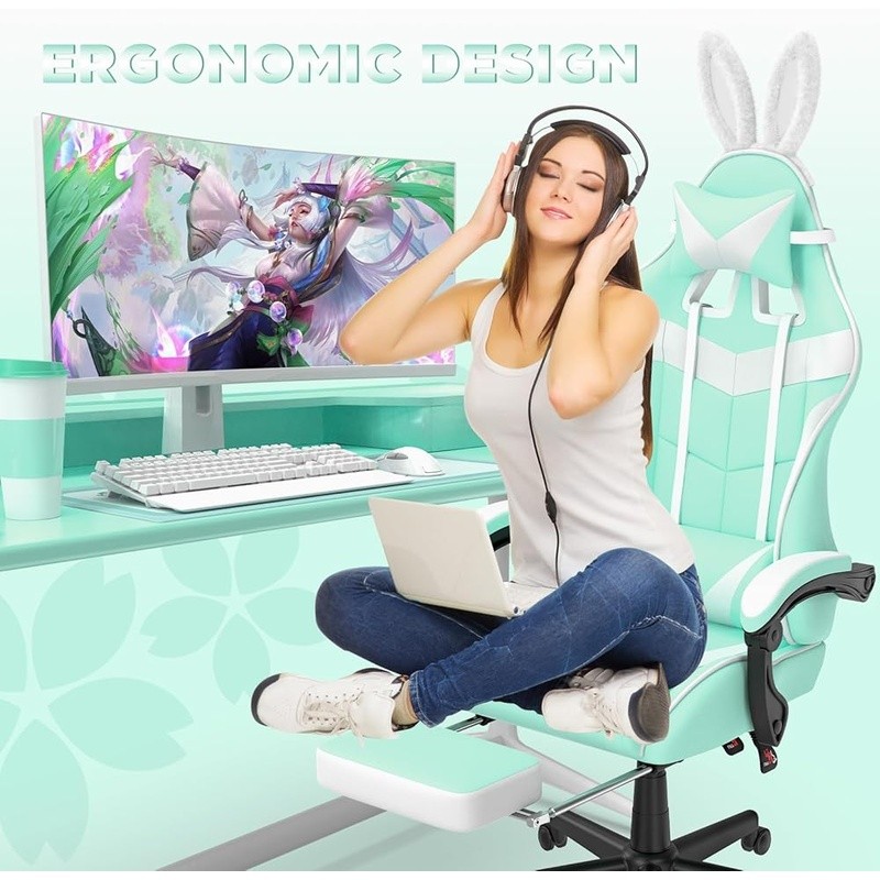 Cute Gaming Chair Bunny Ears Ergonomic Adjustable Footrest Comfort Decor New gallery