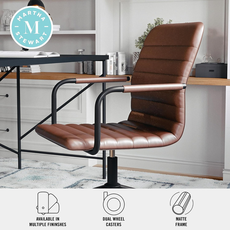 Saddle Brown Faux Leather Swivel Task Chair with Armrests and Bronze Frame gallery