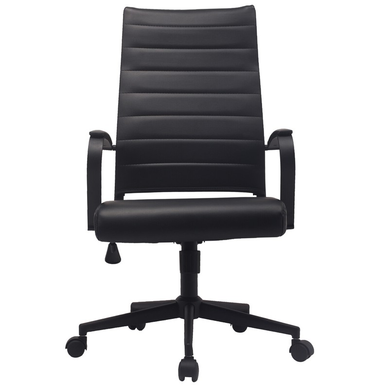 High Back Ribbed Leather Adjustable Cushion Office Chair All Black Desk Seat
