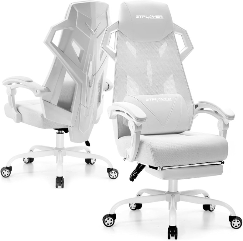 Ergonomic Game Chair with Footrest Mesh Back White