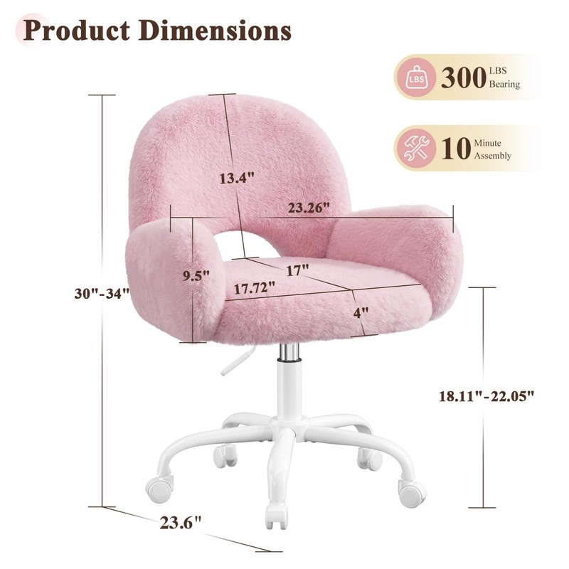 Vanity Chair with Round Hollow Back, Pink Desk Chair with Arms & Wheels, Cute... gallery
