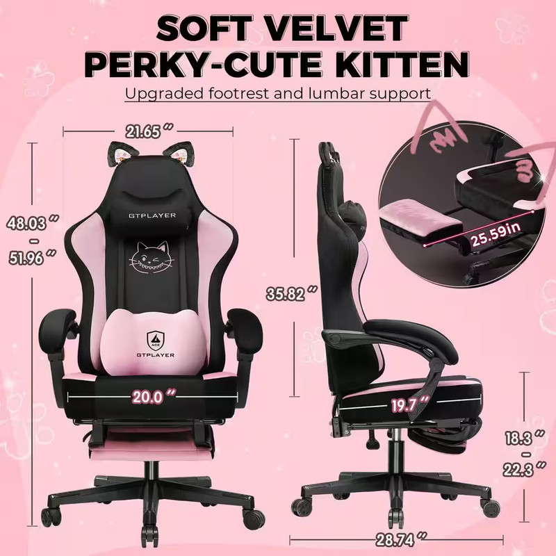 Velvet Gaming Chair with Cat Embroidery Adjustable Height Ergonomic Computer Off gallery