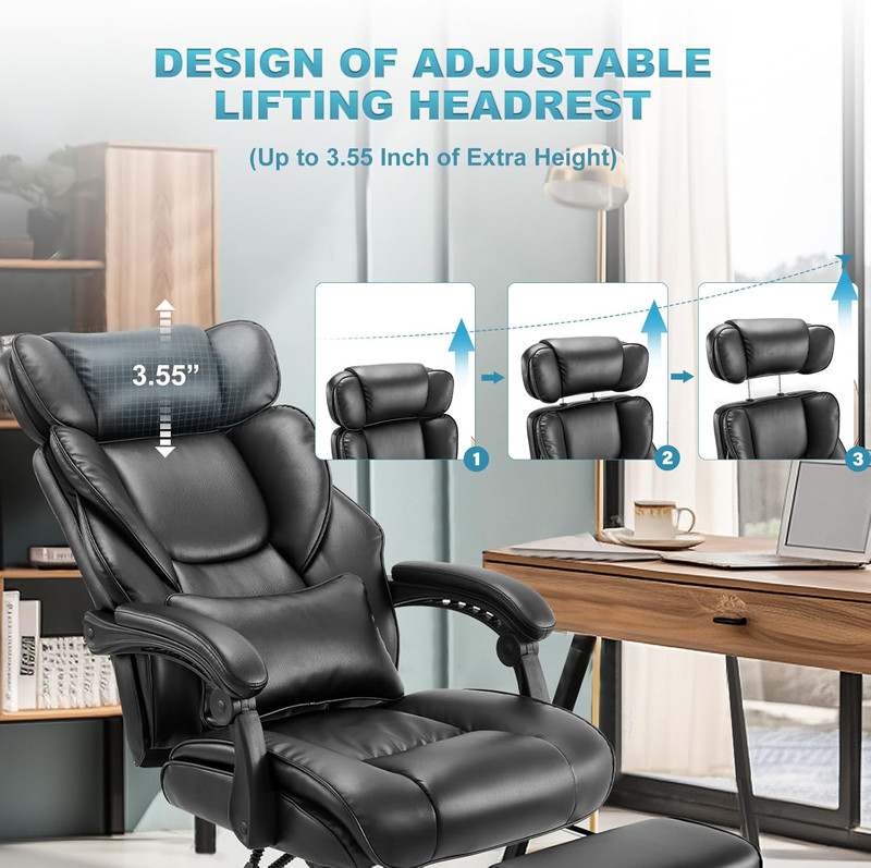 Ergonomic Office Chair with Footrest, Reclining High Back, Black Leather gallery