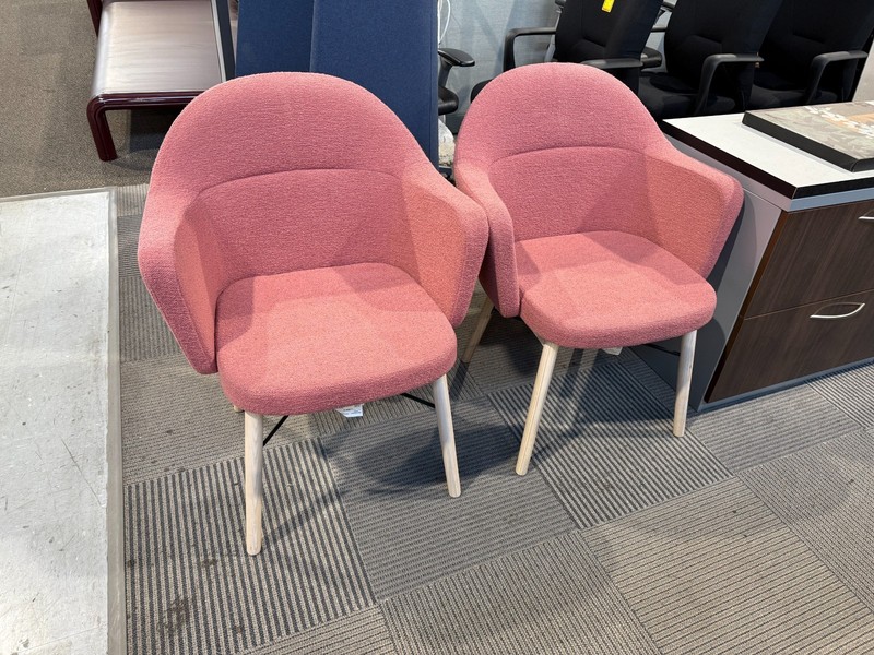Lot of 2 Club Chairs in Pink Fabric and Wood Frame by Keilhauer