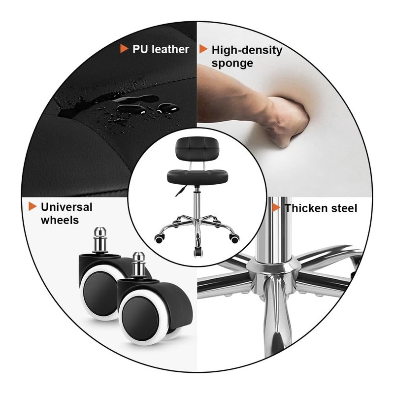 Black Home Office Chair Leather Rolling Stool with Swivel Wheels with Backres... gallery