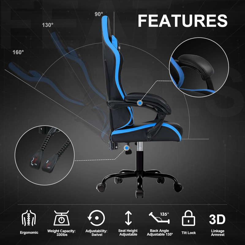 Ergonomic High Back Gaming Chair with Lumbar Support - Blue, 300Lbs Capacity gallery