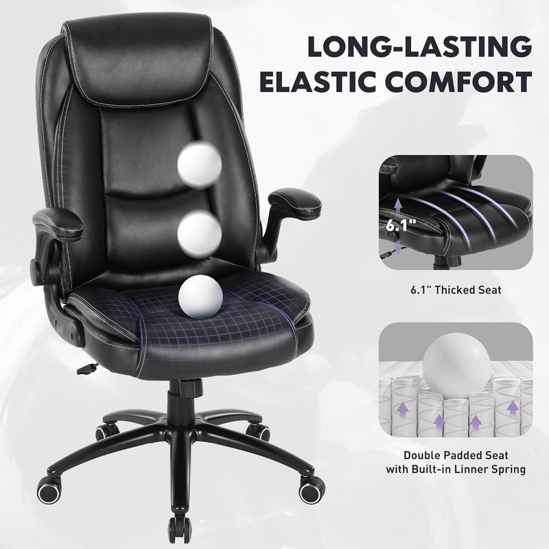300Lbs Office Chair with Flip-Up Armrests & Reclining Backrest, Ergonomic PU Lea gallery