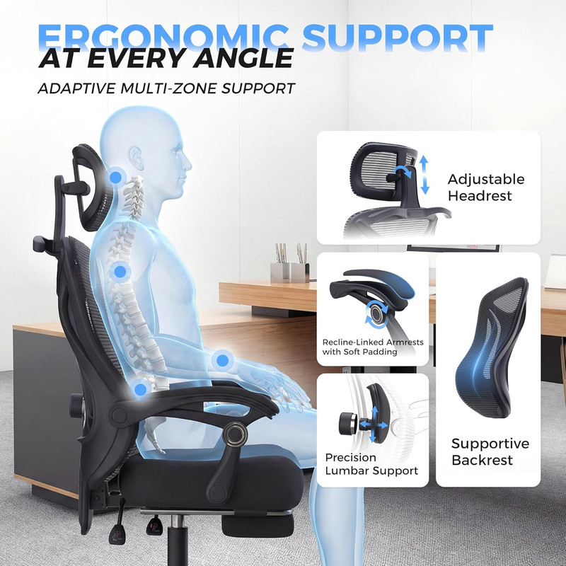 Ergonomic Office Chair with Footrest - Adjustable Lumbar Support & Headrest, 90- gallery