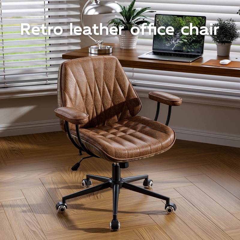 Mid Century Modern Office Desk Chair Faux Leather Adjustable Height Swivel Arms gallery