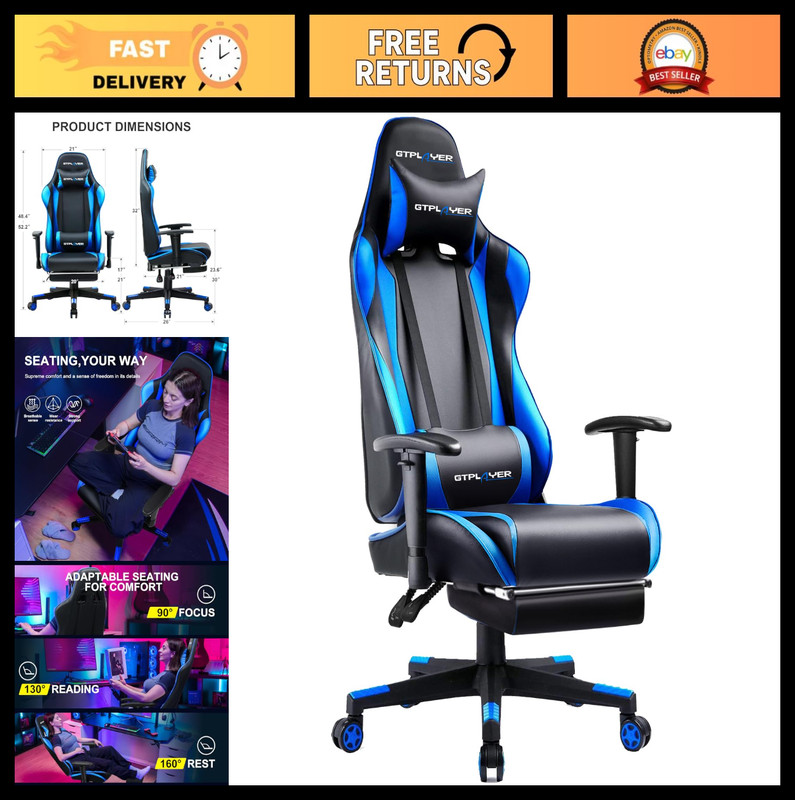 Ergonomic Gaming Chair with Footrest, Reclining Desk Chair, Adjustable Height, S
