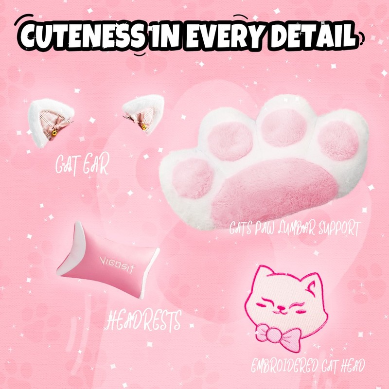Cat Ears Pink Gaming Chair - Pink PU Leather Ergonomic Reclining Office Chair gallery