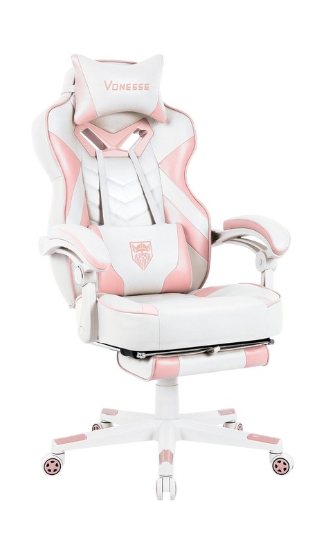 White/Pink Gaming Chair w/ Footrest and Massage + Lumbar Support and High Back