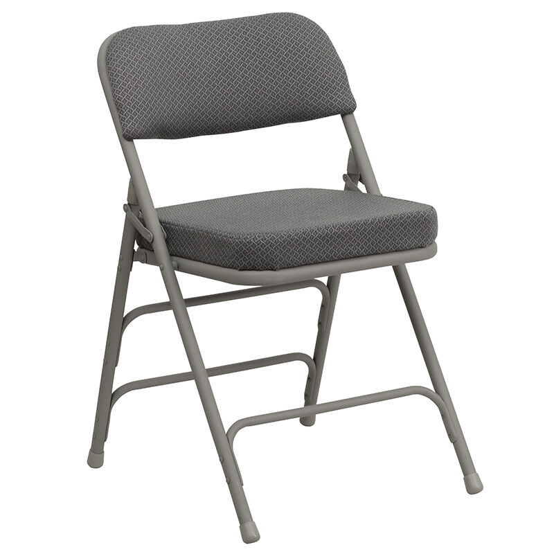 Metal Folding Chair with Gray Fabric, Triple Braced & Double-Hinged Design