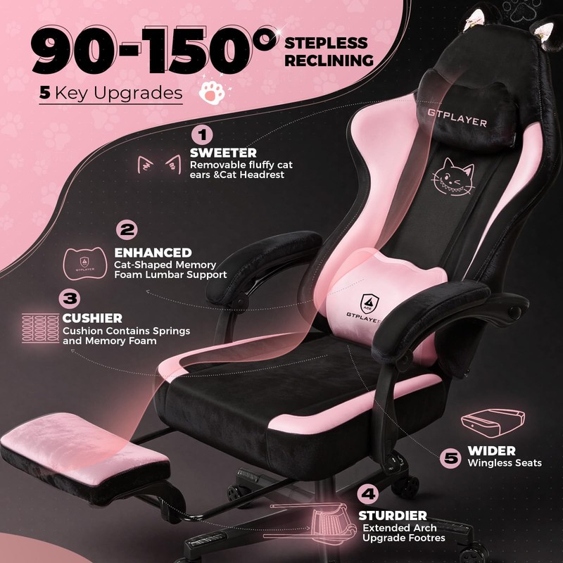 Pink Gaming Chair Cute with Cat Ears Ergonomic Computer Chair with Cat Embroi... gallery