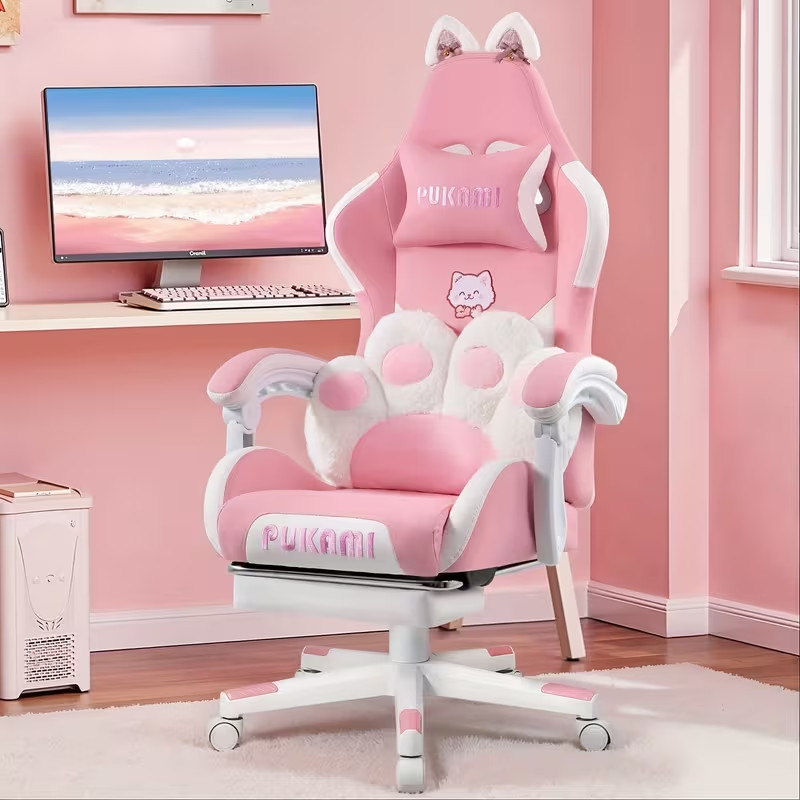 Gaming Chair with Cat Ears And Cat Paw Cushion Pillow, Cute Computer Chair