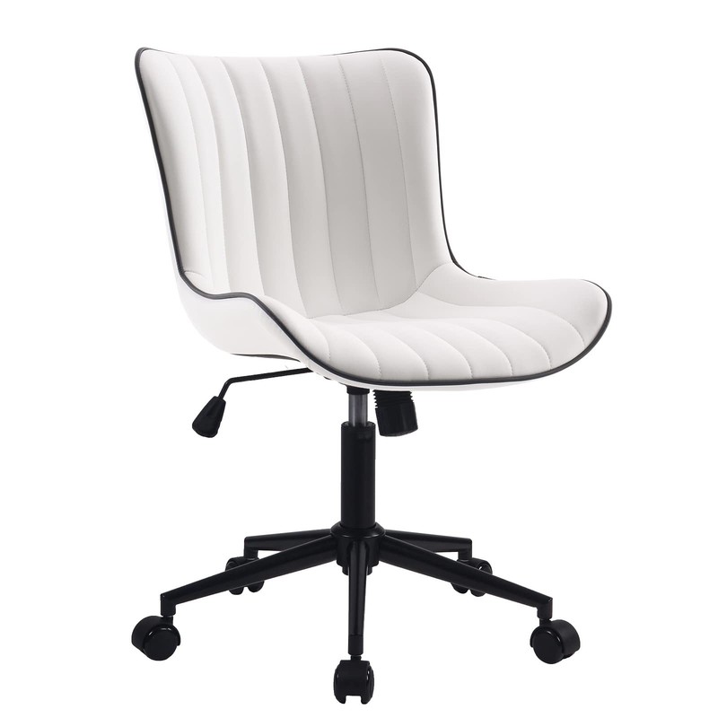 White Armless Office Chair Faux Leather Small Cute Desk Chair with 12° Rockin…